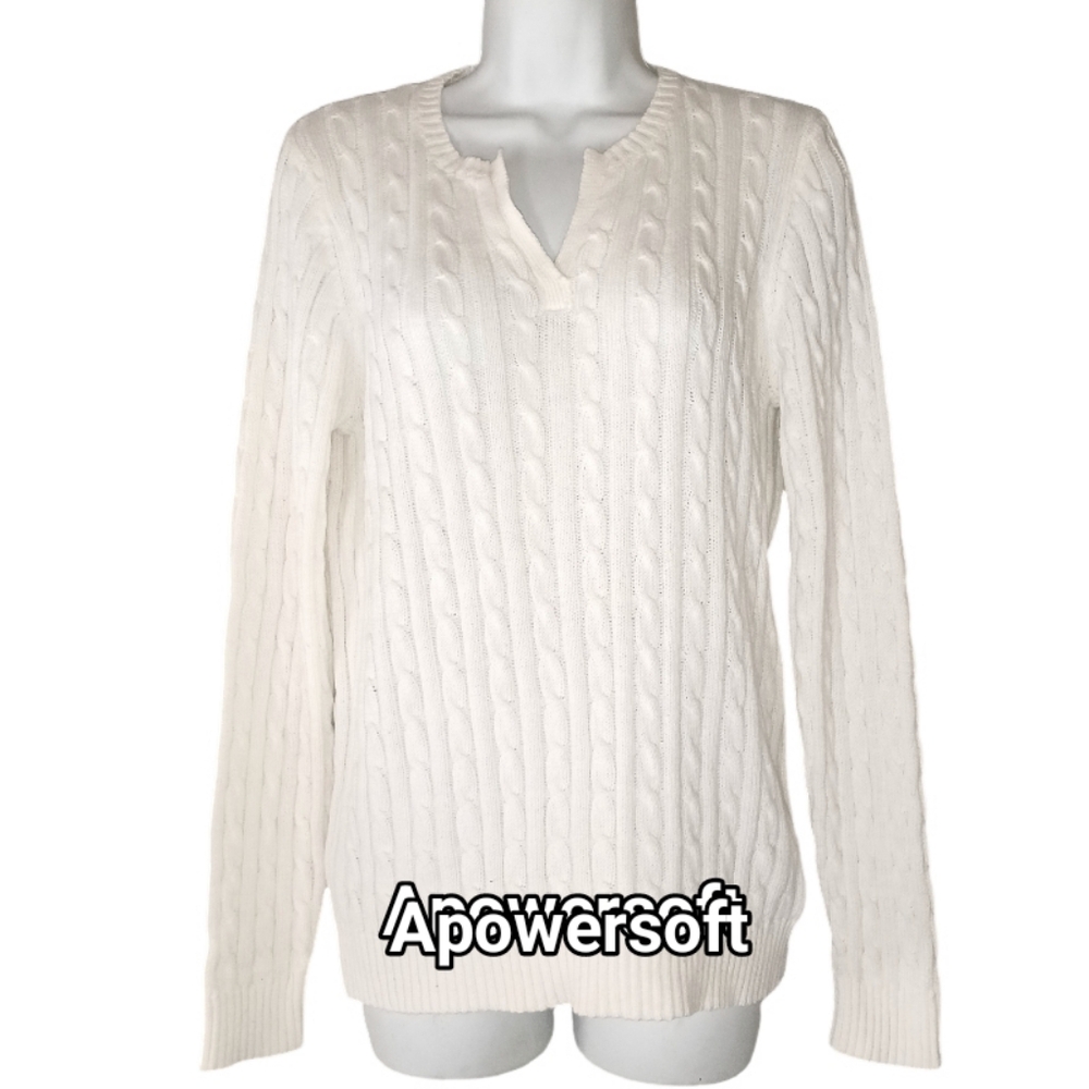Cable Knit V-Neck Sweater L Ivory White Classic Fall Knit